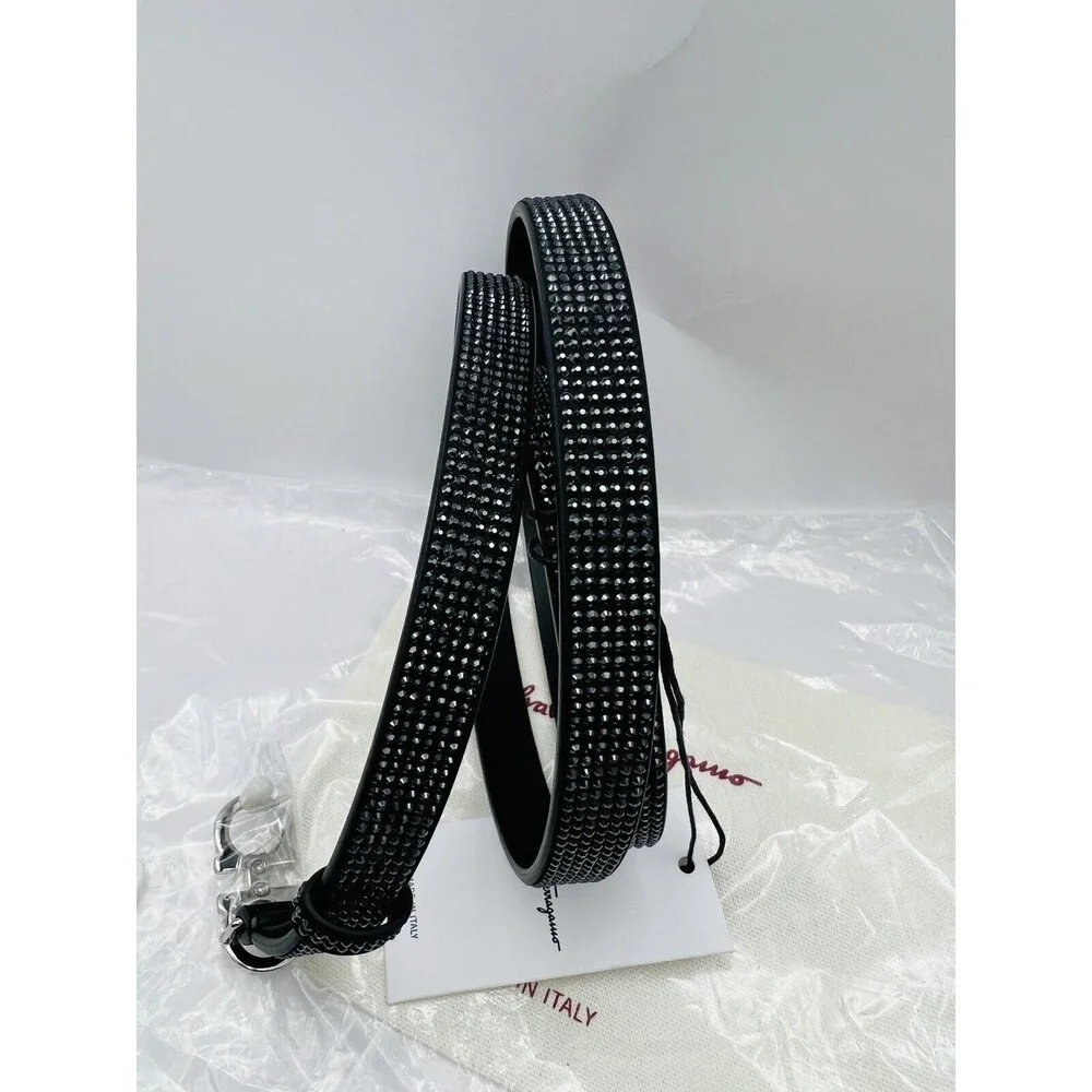 Salvatore Ferragamo Gancini Crystal-Embellished Black Nero Leather Belt  $580
